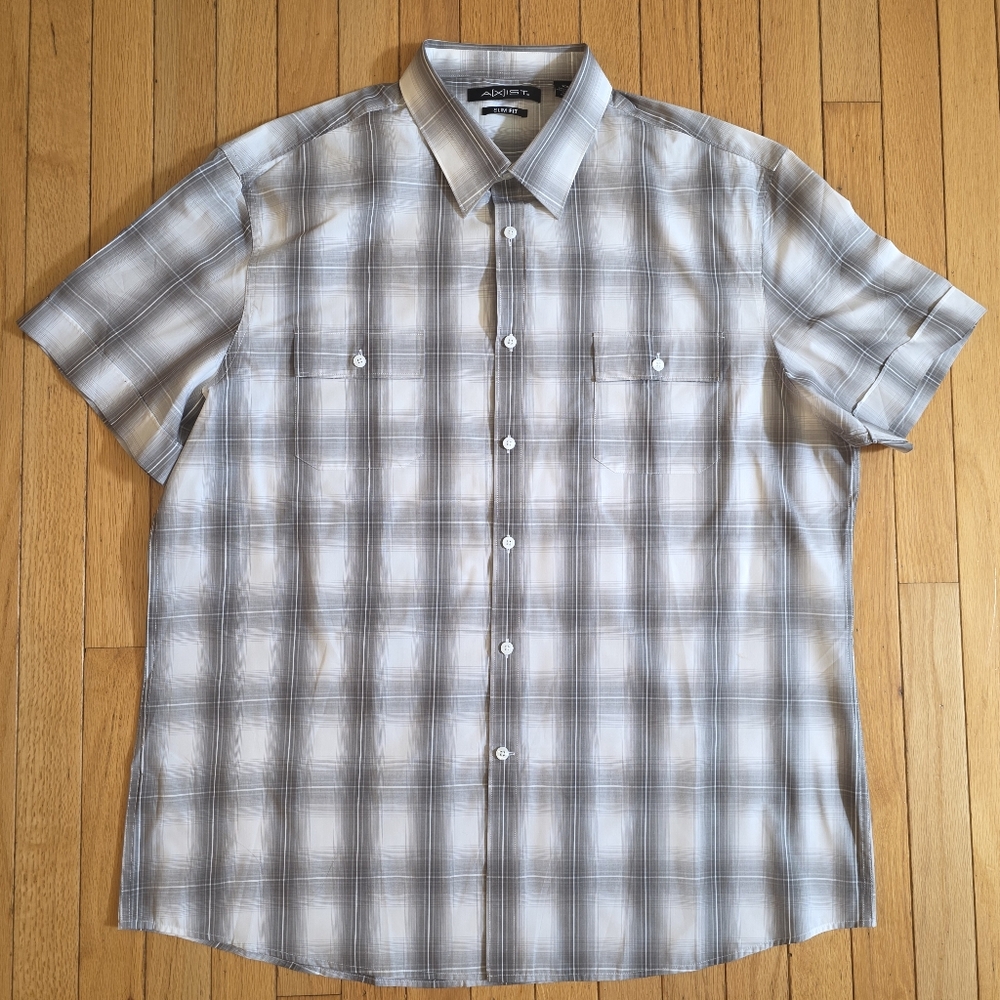 NWOT Axist Gray Casual Button Down Shirt Lightweight Plaid Size XXL Slim Fit